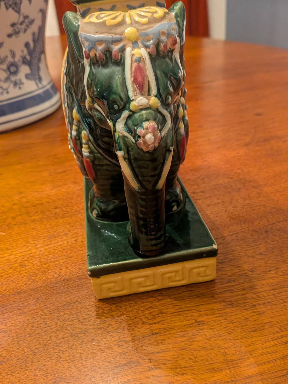Vintage Chinoiserie Ceramic Elephant Planter Candle Holder, Green Glazed Pottery